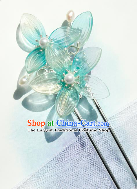 Chinese Ancient Princess Blue Lotus Hairpin Traditional Hanfu Ming Dynasty Hair Stick
