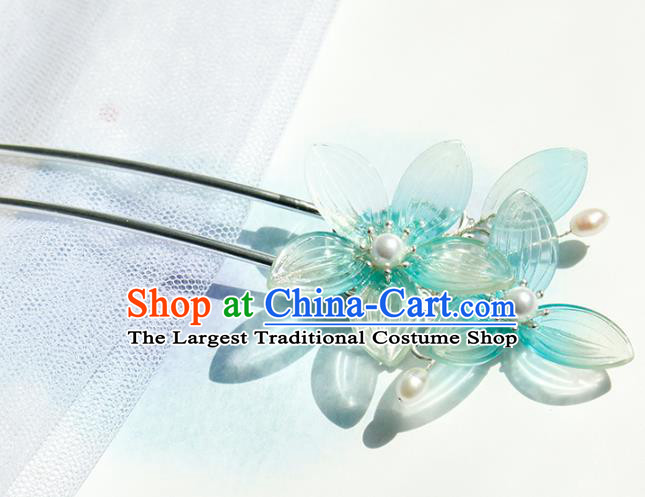 Chinese Ancient Princess Blue Lotus Hairpin Traditional Hanfu Ming Dynasty Hair Stick