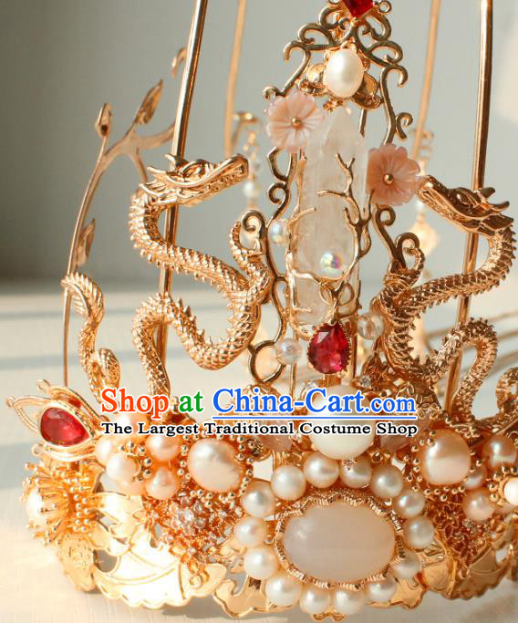 Chinese Ancient Empress Headwear Traditional Hanfu Ming Dynasty Golden Dragons Hair Crown