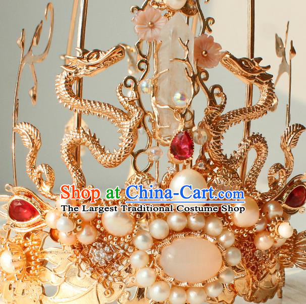 Chinese Ancient Empress Headwear Traditional Hanfu Ming Dynasty Golden Dragons Hair Crown