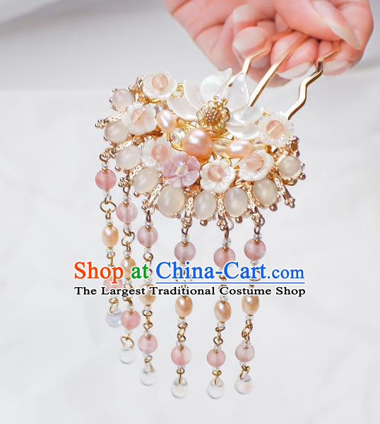 Chinese Ancient Princess Chalcedony Pearls Tassel Hairpin Traditional Hanfu Song Dynasty Shell Lotus Hair Comb