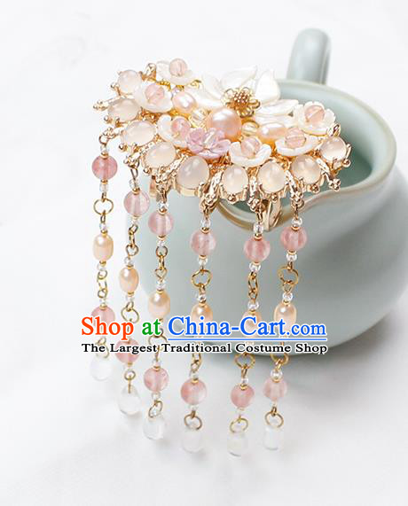 Chinese Ancient Princess Chalcedony Pearls Tassel Hairpin Traditional Hanfu Song Dynasty Shell Lotus Hair Comb