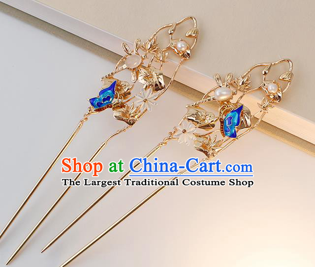 Chinese Ancient Princess Cloisonne Butterfly Hairpin Traditional Hanfu Ming Dynasty Golden Dragonfly Hair Stick