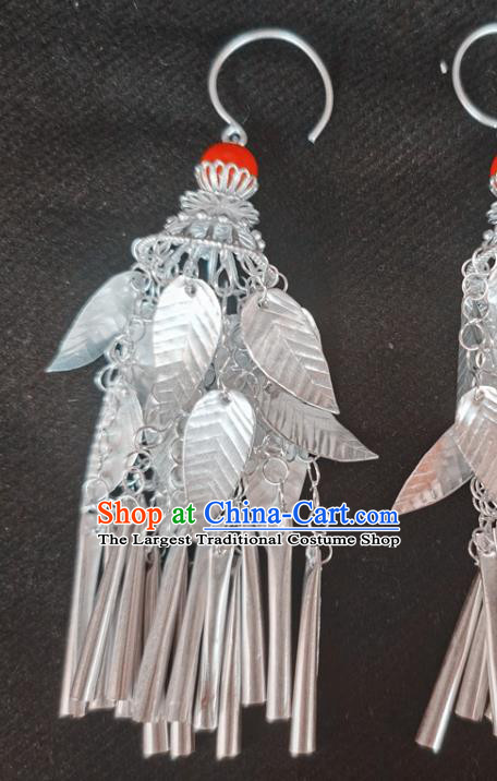 China Traditional Yi Nationality Silver Leaf Ear Accessories Handmade Liangshan Ethnic Bride Earrings