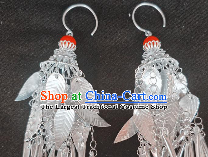 China Traditional Yi Nationality Silver Leaf Ear Accessories Handmade Liangshan Ethnic Bride Earrings