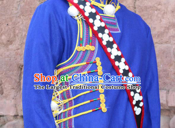 China Yi Nationality Male Blue Woolen Jacket Traditional Ethnic Upper Outer Garment