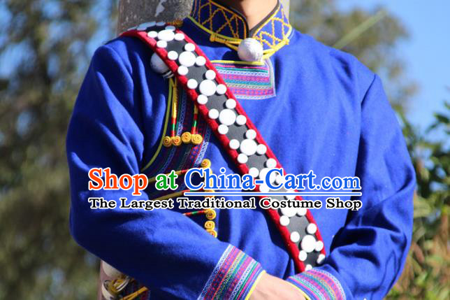 China Yi Nationality Male Blue Woolen Jacket Traditional Ethnic Upper Outer Garment