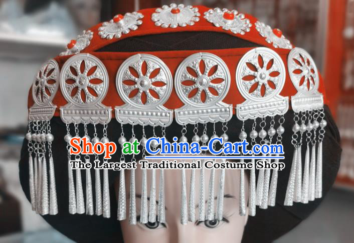 Chinese Liangshan Ethnic Wedding Silver Tassel Headwear Traditional Yi Nationality Bride Red Hat