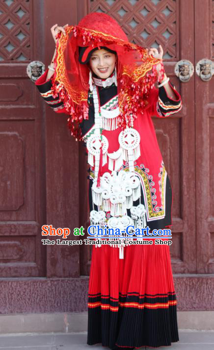 China Traditional Liangshan Ethnic Wedding Costumes Yi Nationality Minority Bride Red Outfits Clothing and Hat