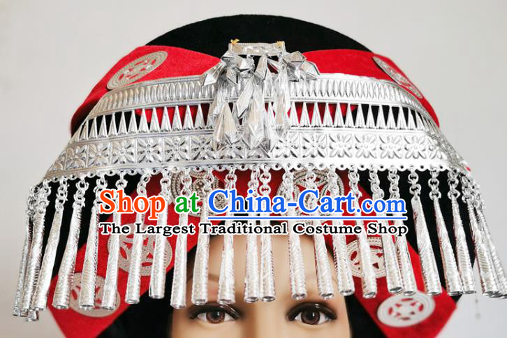 Chinese Liangshan Ethnic Stage Performance Headwear Traditional Yi Nationality Wedding Silver Tassel Red Hat