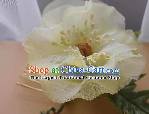 Chinese Traditional Hanfu Hair Comb Handmade Yellow Silk Camellia Hairpin Cheongsam Hair Accessories