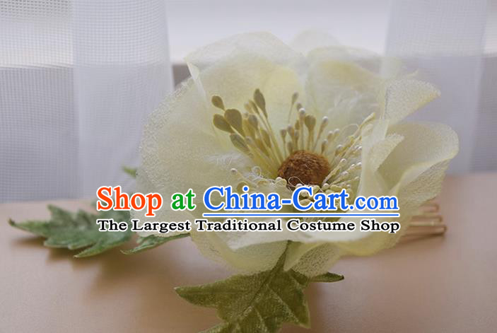 Chinese Traditional Hanfu Hair Comb Handmade Yellow Silk Camellia Hairpin Cheongsam Hair Accessories