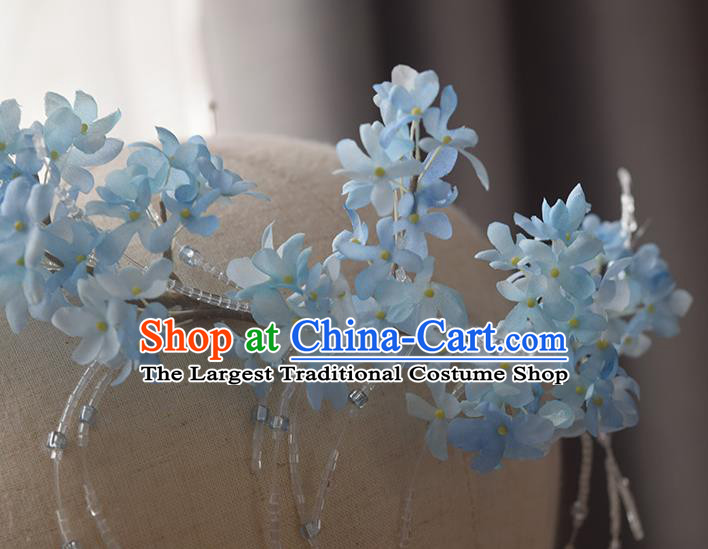 Chinese Handmade Beads Tassel Hair Accessories Traditional Hanfu Blue Flowers Hair Clasp