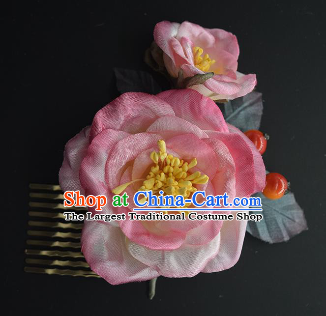 Chinese Traditional Cheongsam Hair Accessories Hanfu Hair Comb Handmade Pink Silk Peony Hairpin