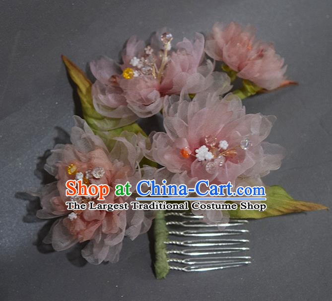 Chinese Traditional Ming Dynasty Hanfu Hair Comb Handmade Ancient Princess Pink Silk Peony Hairpin