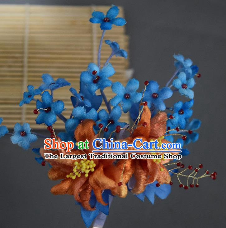 Chinese Handmade Ancient Princess Blue Silk Flowers Hairpin Traditional Ming Dynasty Hair Stick