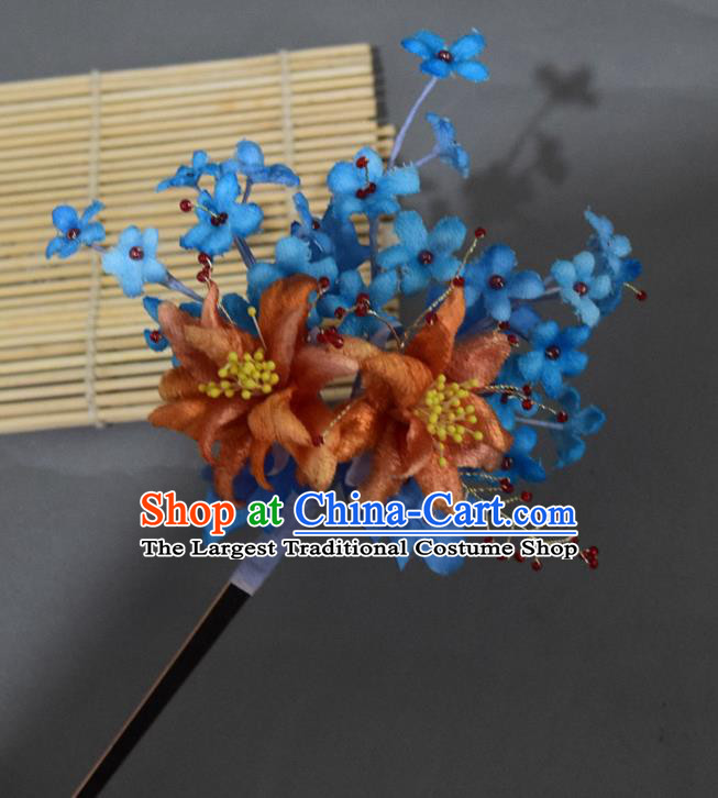 Chinese Handmade Ancient Princess Blue Silk Flowers Hairpin Traditional Ming Dynasty Hair Stick