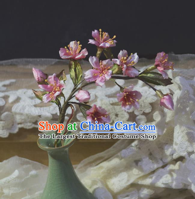 Chinese Handmade Ancient Princess Hairpin Traditional Ming Dynasty Pink Silk Sakura Hair Stick