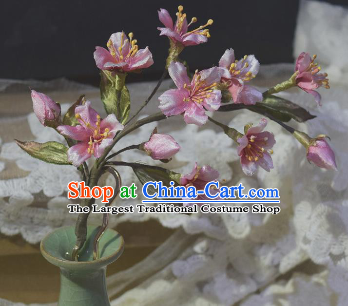 Chinese Handmade Ancient Princess Hairpin Traditional Ming Dynasty Pink Silk Sakura Hair Stick