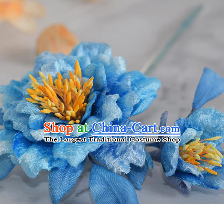 Chinese Handmade Ancient Imperial Concubine Hairpin Traditional Ming Dynasty Empress Blue Silk Peony Hair Stick