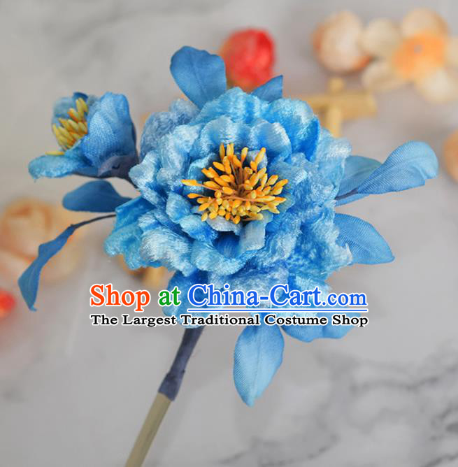 Chinese Handmade Ancient Imperial Concubine Hairpin Traditional Ming Dynasty Empress Blue Silk Peony Hair Stick