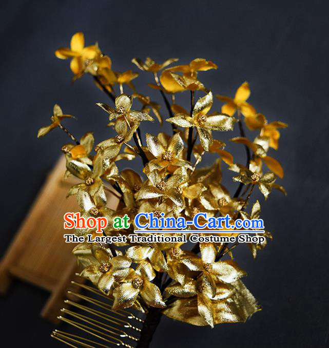 Chinese Handmade Ancient Empress Hairpin Traditional Ming Dynasty Golden Flowers Hair Comb