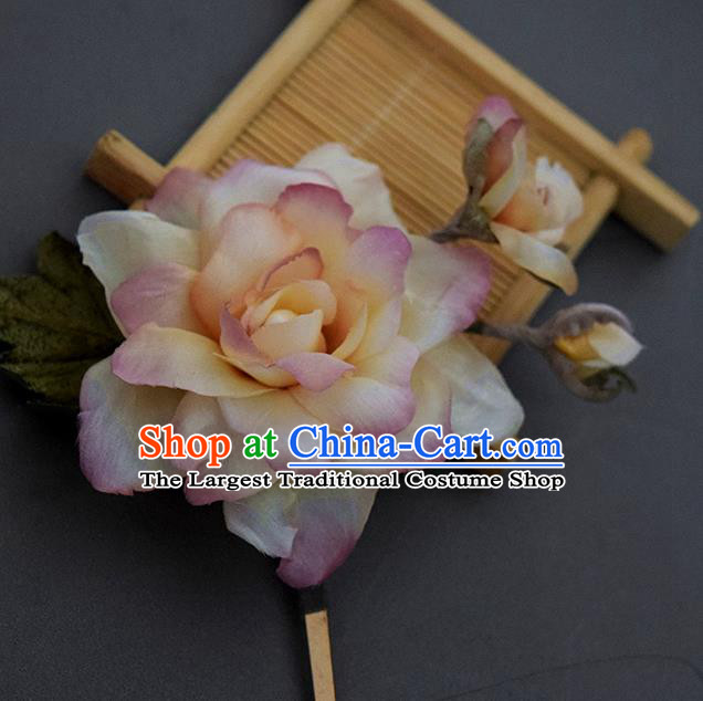 Chinese Handmade Ancient Court Woman Hairpin Traditional Ming Dynasty Pink Silk Gardenia Hair Stick