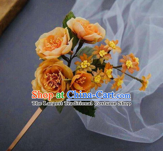 Chinese Handmade Ancient Palace Lady Hairpin Traditional Song Dynasty Orange Silk Flowers Hair Stick