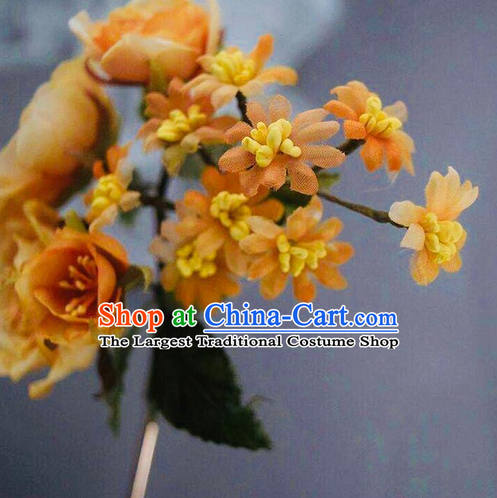 Chinese Handmade Ancient Palace Lady Hairpin Traditional Song Dynasty Orange Silk Flowers Hair Stick