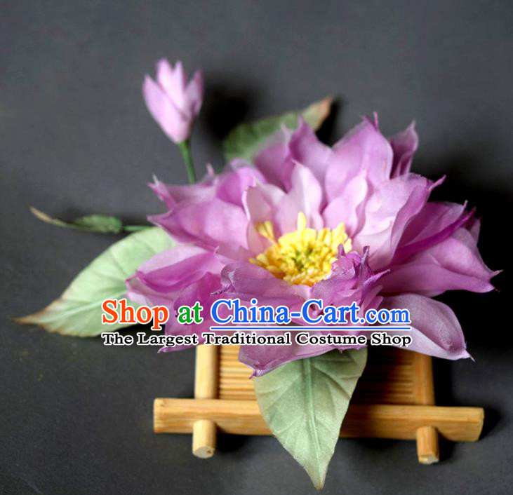 Chinese Ancient Young Beauty Hairpin Traditional Tang Dynasty Purple Silk Lotus Hair Stick
