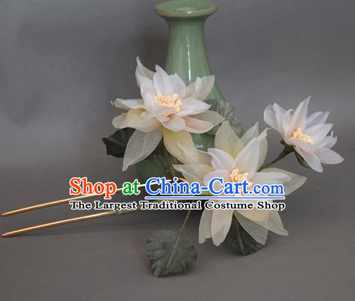 Chinese Ancient Palace Lady Hairpin Traditional Hanfu Champagne Silk Flowers Hair Stick