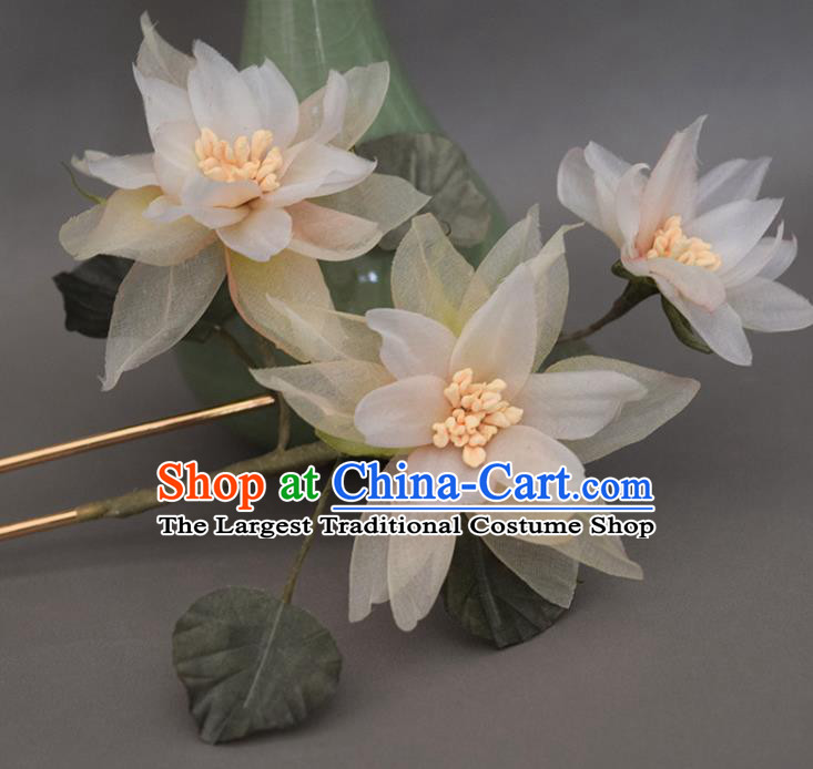 Chinese Ancient Palace Lady Hairpin Traditional Hanfu Champagne Silk Flowers Hair Stick