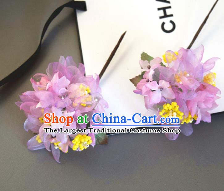 Chinese Handmade Qipao Dress Hydrangea Hairpin Traditional Hanfu Violet Silk Flowers Hair Stick