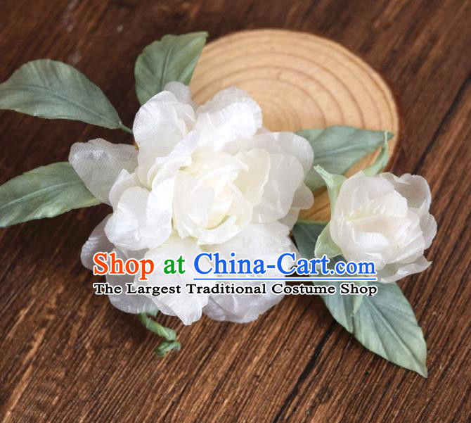 Chinese Handmade White Silk Gardenia Hairpin Traditional Qipao Dress Hair Stick