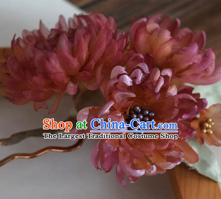 Chinese Cheongsam Hairpin Traditional Ming Dynasty Red Silk Chrysanthemum Hair Stick Handmade Hair Accessories
