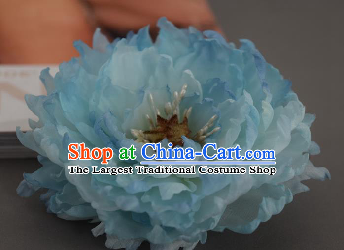 Chinese Traditional Ming Dynasty Blue Silk Peony Hair Stick Handmade Hair Accessories Cheongsam Hairpin