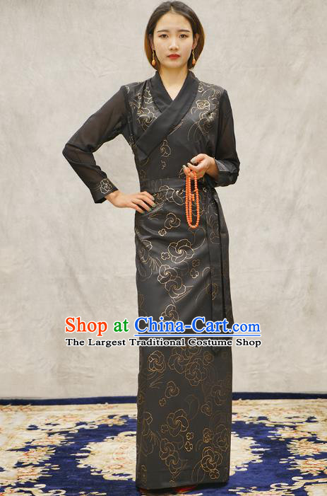 China Zang Nationality Female Informal Clothing Tibetan Ethnic Printing Grey Bola Dress