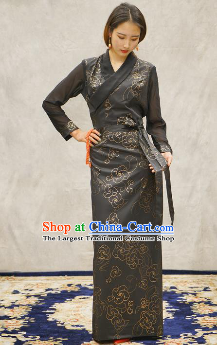 China Zang Nationality Female Informal Clothing Tibetan Ethnic Printing Grey Bola Dress
