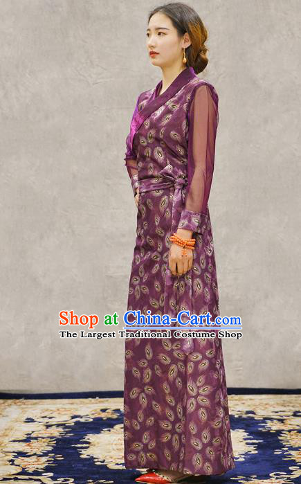 China Zang Nationality Minority Informal Clothing Tibetan Ethnic Printing Feather Purple Bola Dress