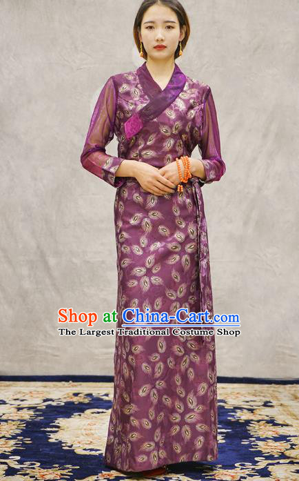 China Zang Nationality Minority Informal Clothing Tibetan Ethnic Printing Feather Purple Bola Dress