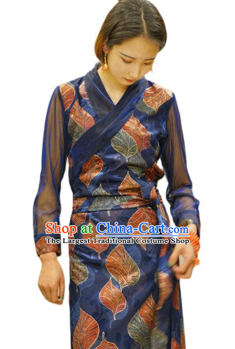 China Zang Nationality Minority Informal Clothing Tibetan Ethnic Printing Leaf Blue Bola Dress