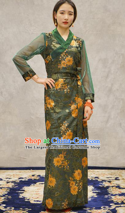 China Tibetan Ethnic Printing Flowers Green Dress Zang Nationality Woman Bola Clothing