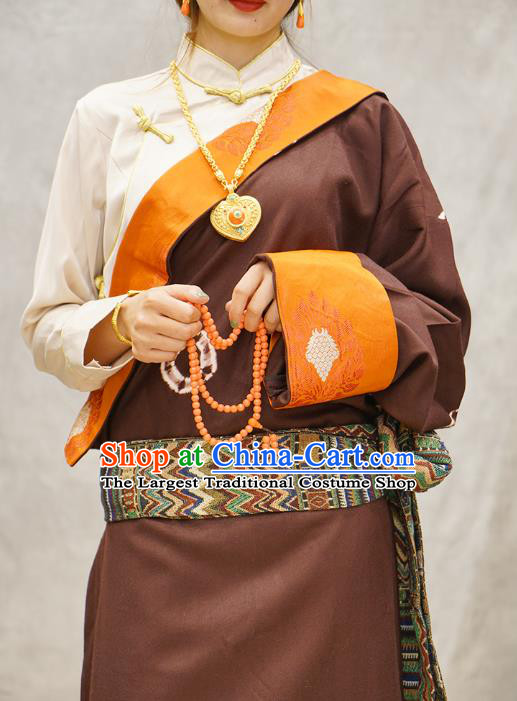 China Wine Red Tibetan Robe Ethnic Woman Costume Zang Nationality Clothing