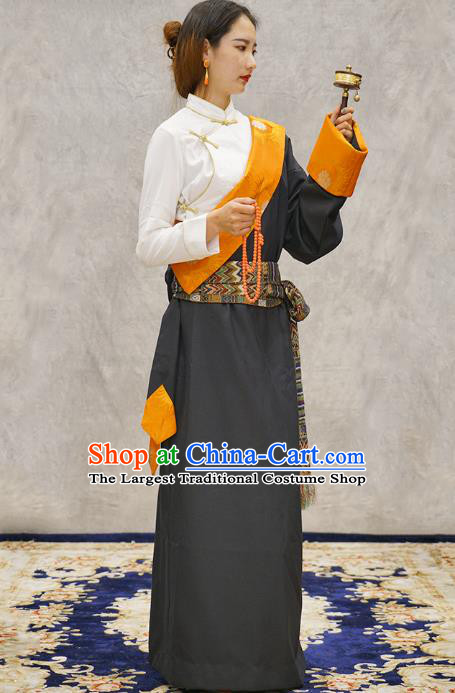 China Grey Tibetan Robe Ethnic Woman Costume Zang Nationality Informal Clothing