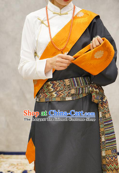 China Grey Tibetan Robe Ethnic Woman Costume Zang Nationality Informal Clothing