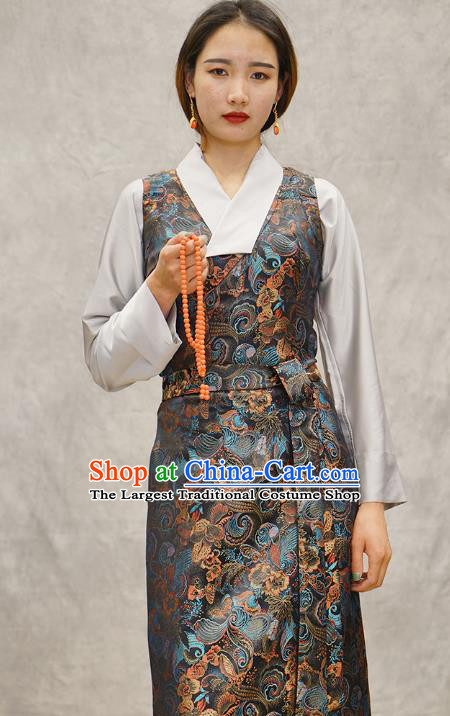 China Tibetan Ethnic Woman Costume Zang Nationality Grey Brocade Bola Dress Clothing