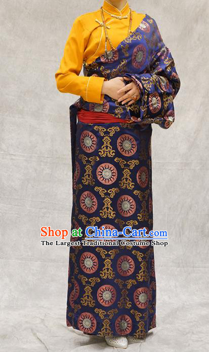 China Zang Nationality Clothing Ethnic Woman Stage Performance Costume Deep Blue Brocade Tibetan Robe