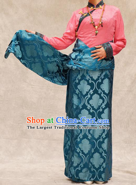 China Ethnic Woman Stage Performance Costume Blue Brocade Tibetan Robe Zang Nationality Clothing