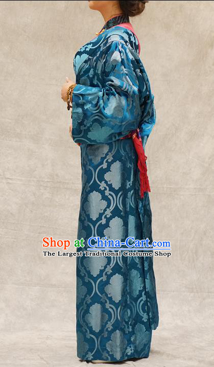 China Ethnic Woman Stage Performance Costume Blue Brocade Tibetan Robe Zang Nationality Clothing