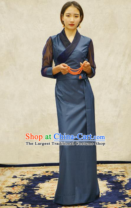 China Zang Nationality Bola Clothing Tibetan Ethnic Female Blue Dress